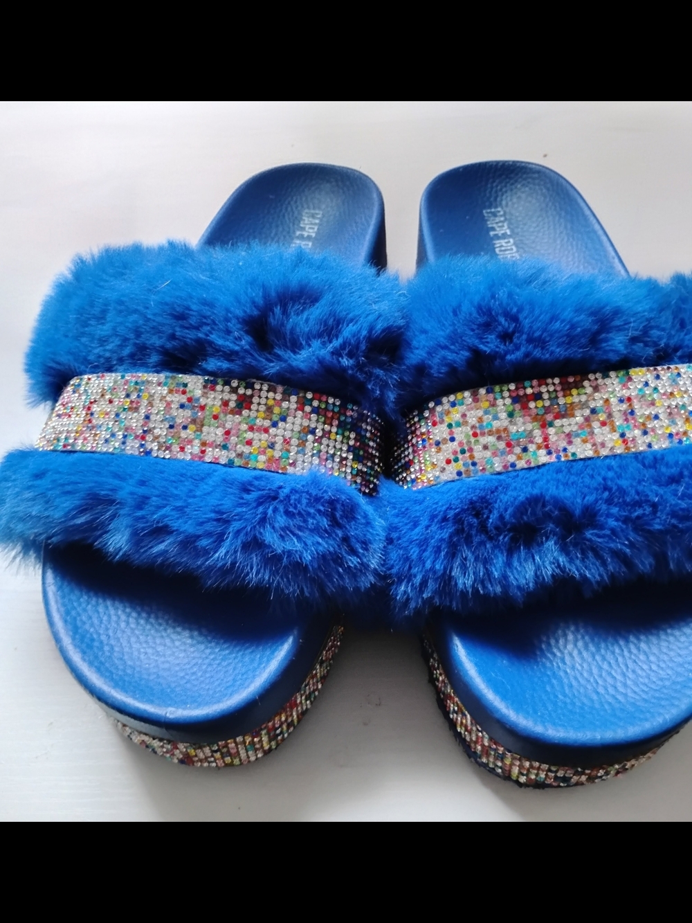 Cape Robin Blue Furry Rhinestone Slide Sandals